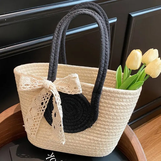 Round Decor Straw Bag Double Handle