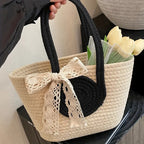 Round Decor Straw Bag Double Handle