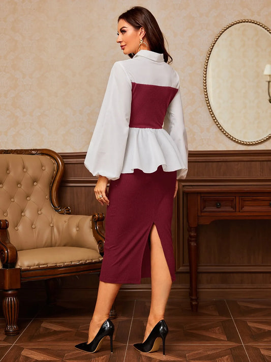 Panel Lantern Sleeve Peplum Top & Split Back Skirt