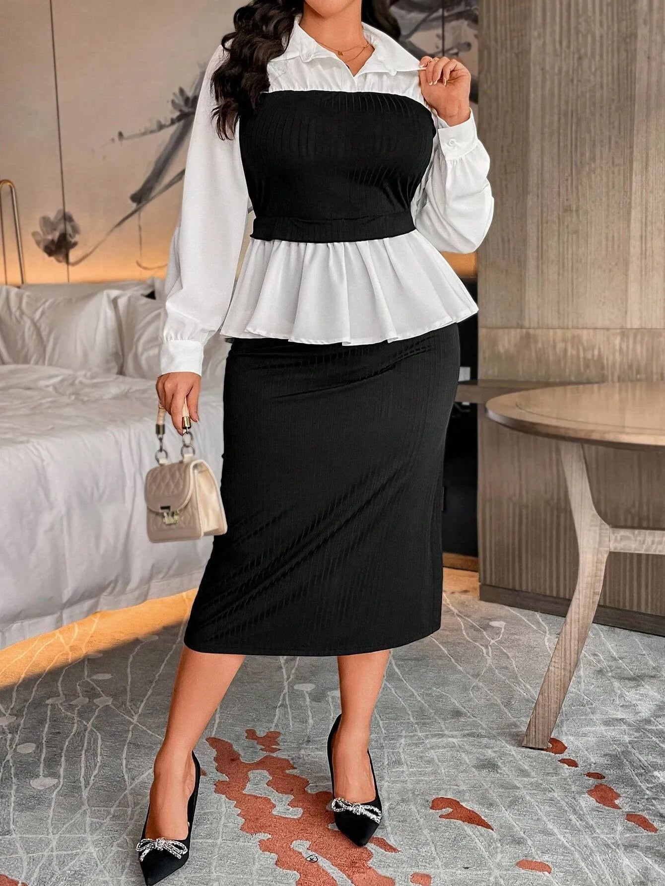 Blouse And Fitted A-Line Skirt 2-Piece Set