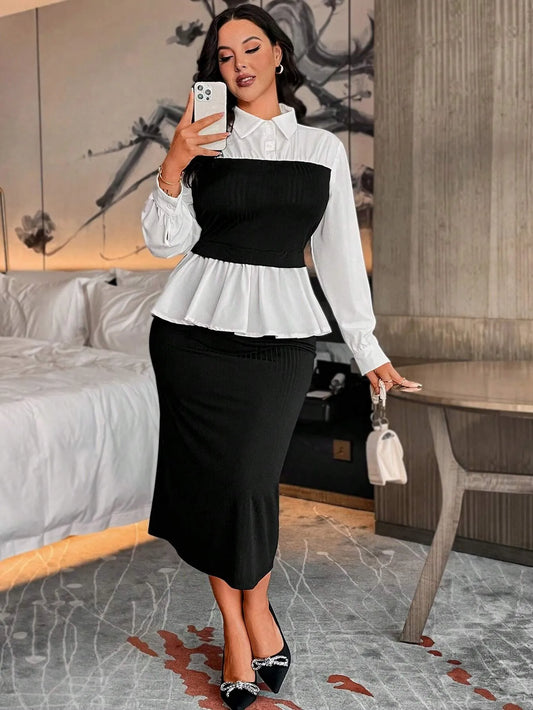 Blouse And Fitted A-Line Skirt 2-Piece Set