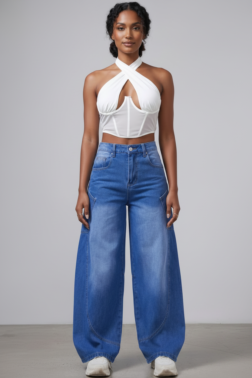Woman wearing a white halter top and blue jeans against a gray background
