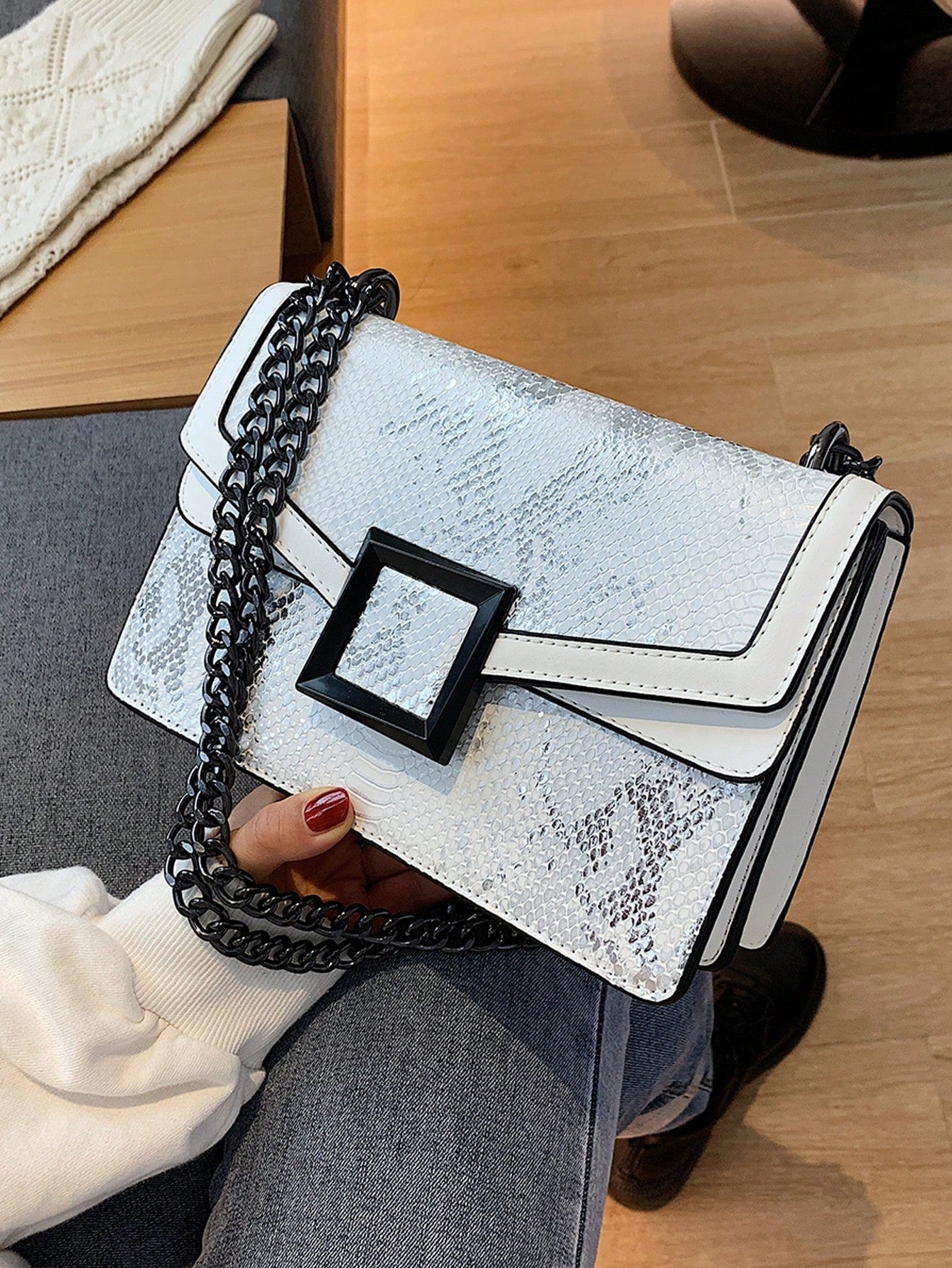 Embossed Square Bag Small Flap Chain Strap