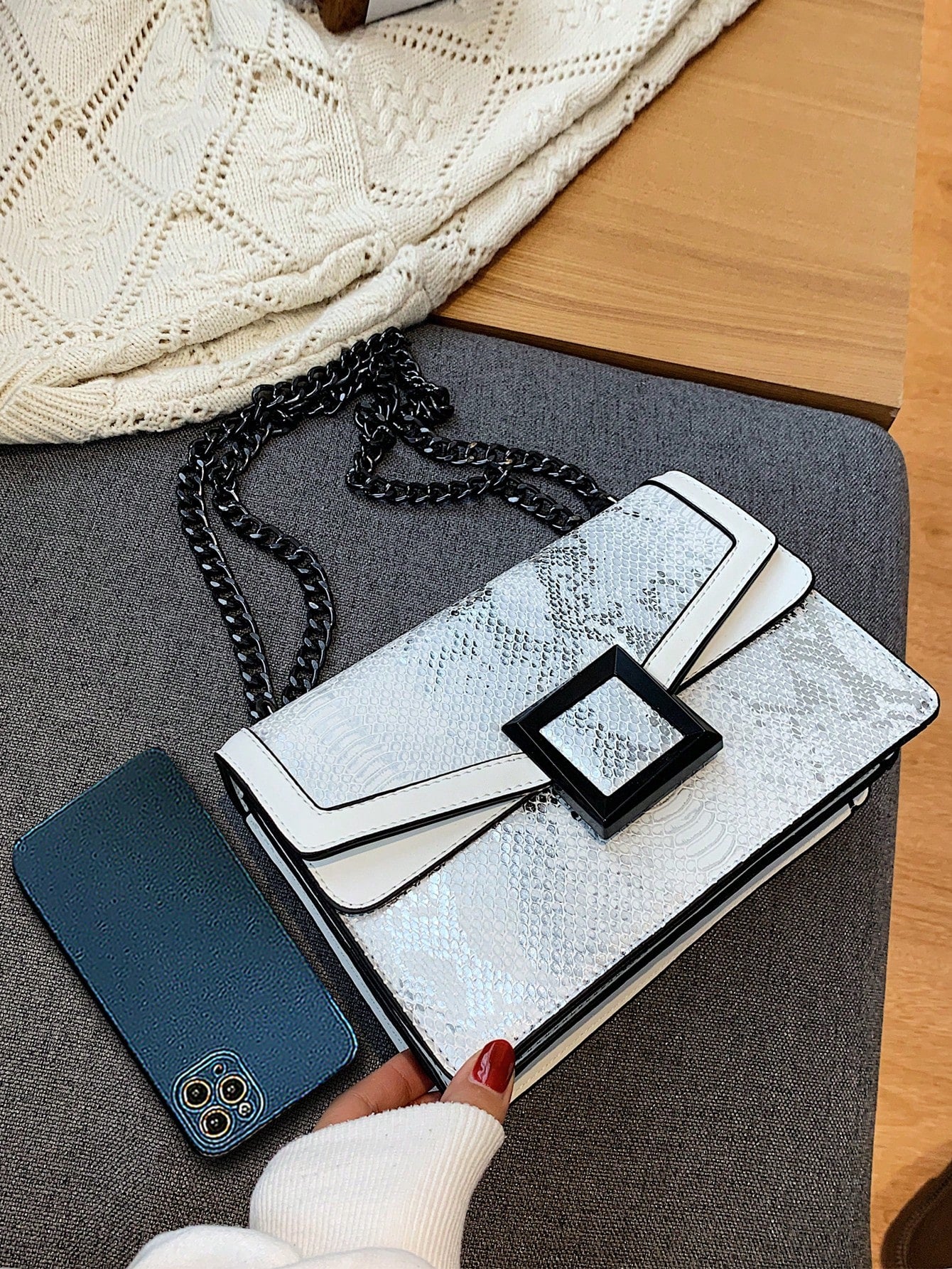 Embossed Square Bag Small Flap Chain Strap