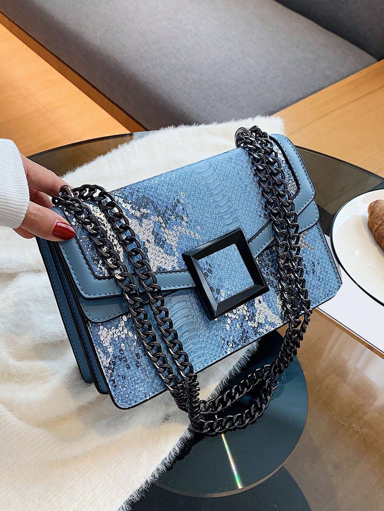 Embossed Square Bag Small Flap Chain Strap