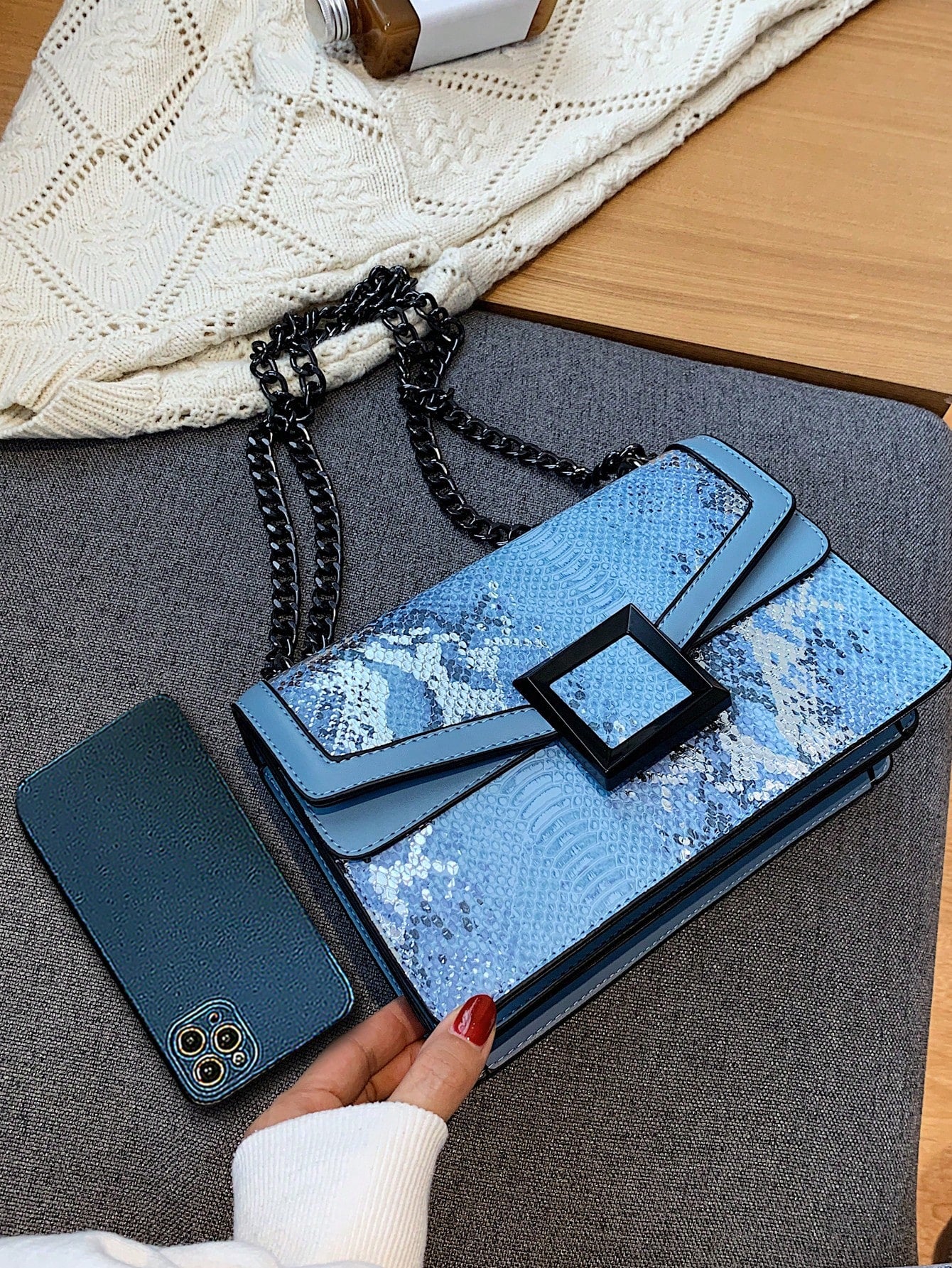 Embossed Square Bag Small Flap Chain Strap