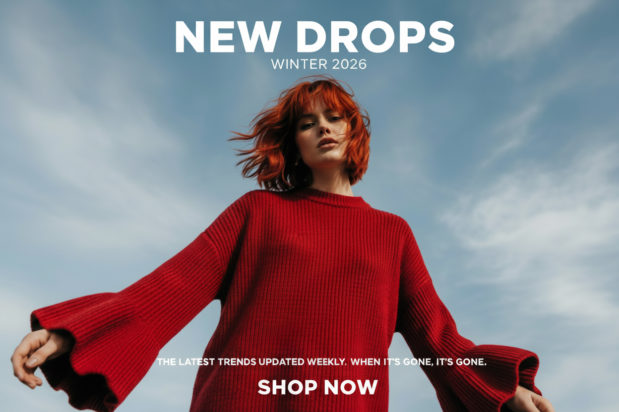 Woman wearing a red sweater with 'New Drops Winter 2026' text and shopping call-to-action against a blue sky.