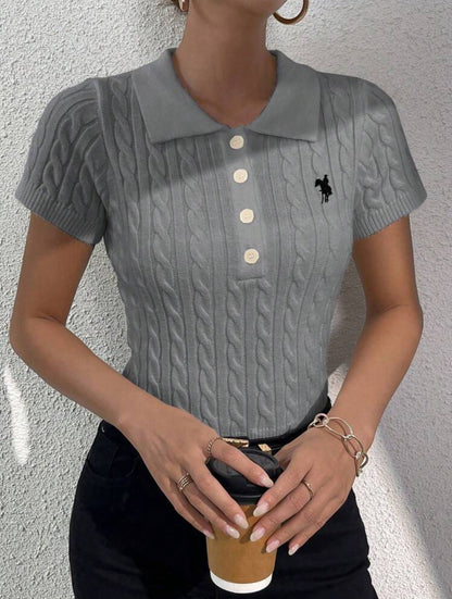 Casual Embroidery Detail Short Sleeve Knit Top