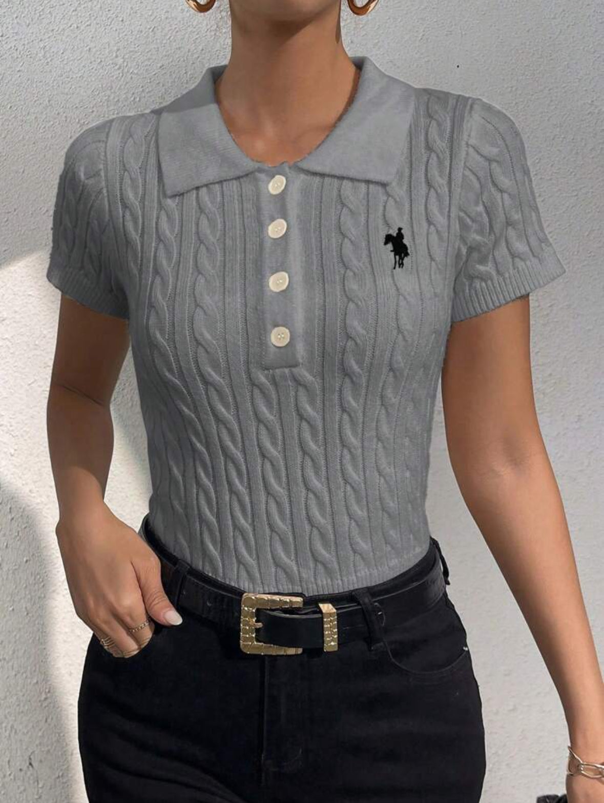 Casual Embroidery Detail Short Sleeve Knit Top