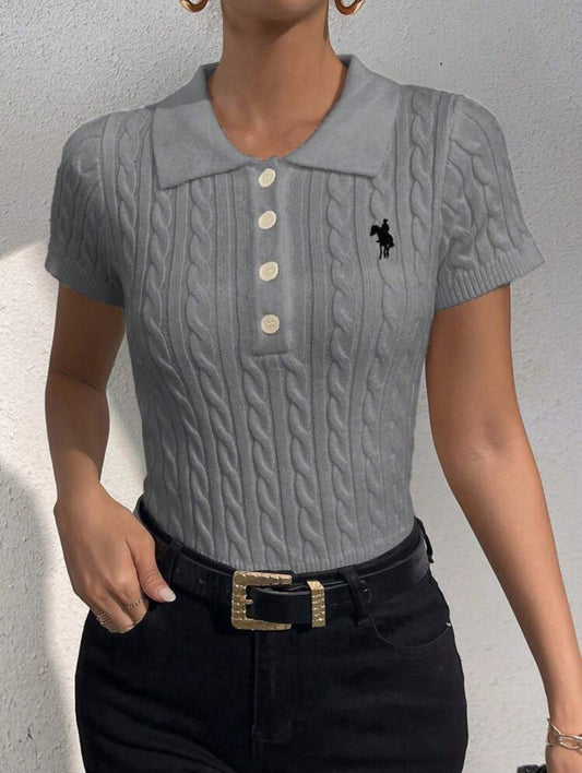 Casual Embroidery Detail Short Sleeve Knit Top