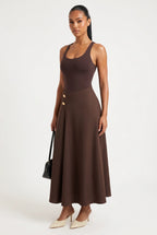 The Espresso Gilded Button Midi Skirt