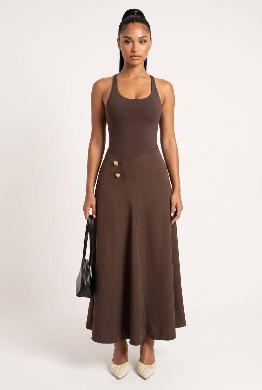 The Espresso Gilded Button Midi Skirt
