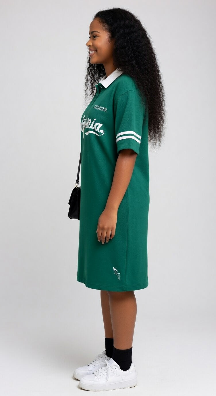 Person wearing a green dress with white text on a white background