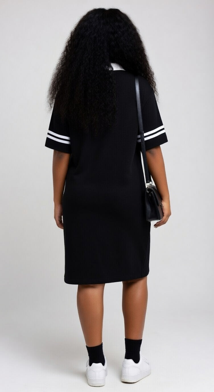 Person wearing a black dress with white accents on a plain background