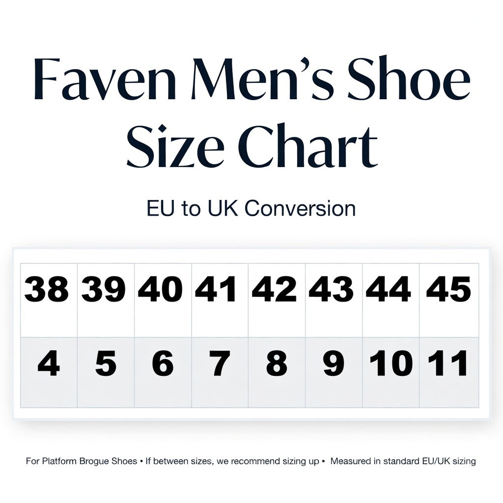 Faven Men's Shoe Size Chart for EU to UK conversion on a white background