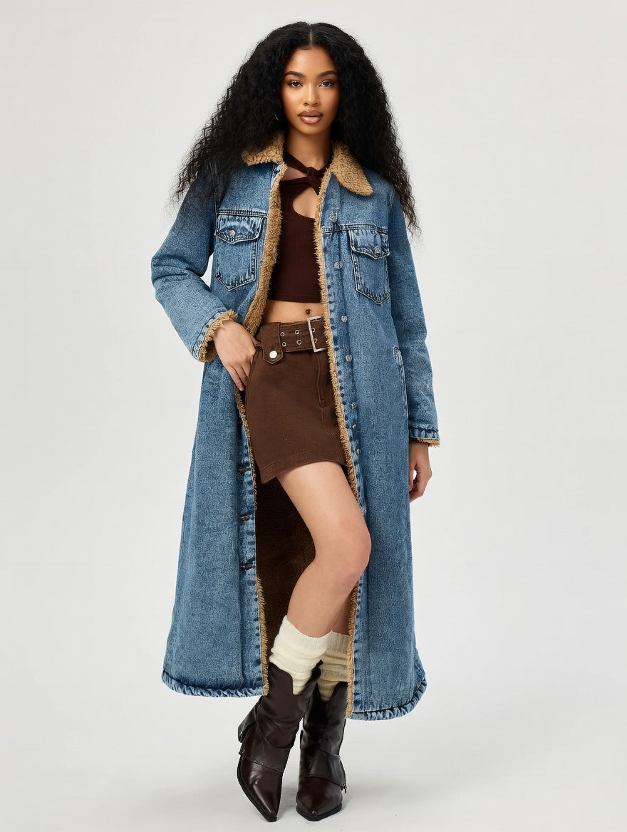 Woman wearing a long denim coat with a white background