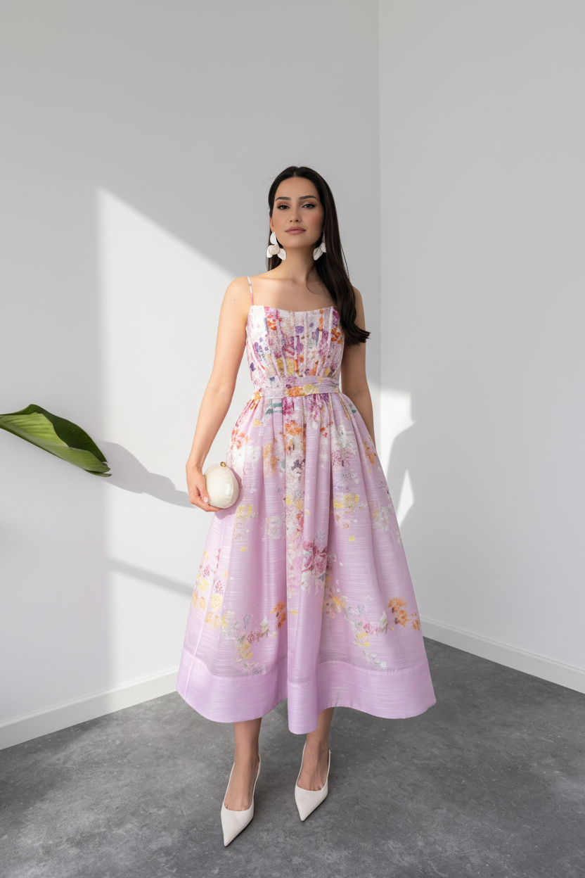 Woman wearing a floral dress standing in a well-lit room with a white wall and gray floor.