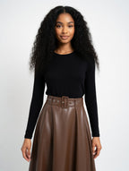 Solid PU Leather Flared Skirt