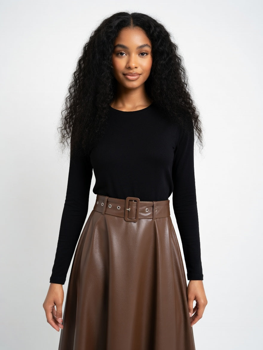 Solid PU Leather Flared Skirt