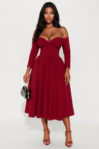 Off Shoulder Crepe Knit Midi Dress