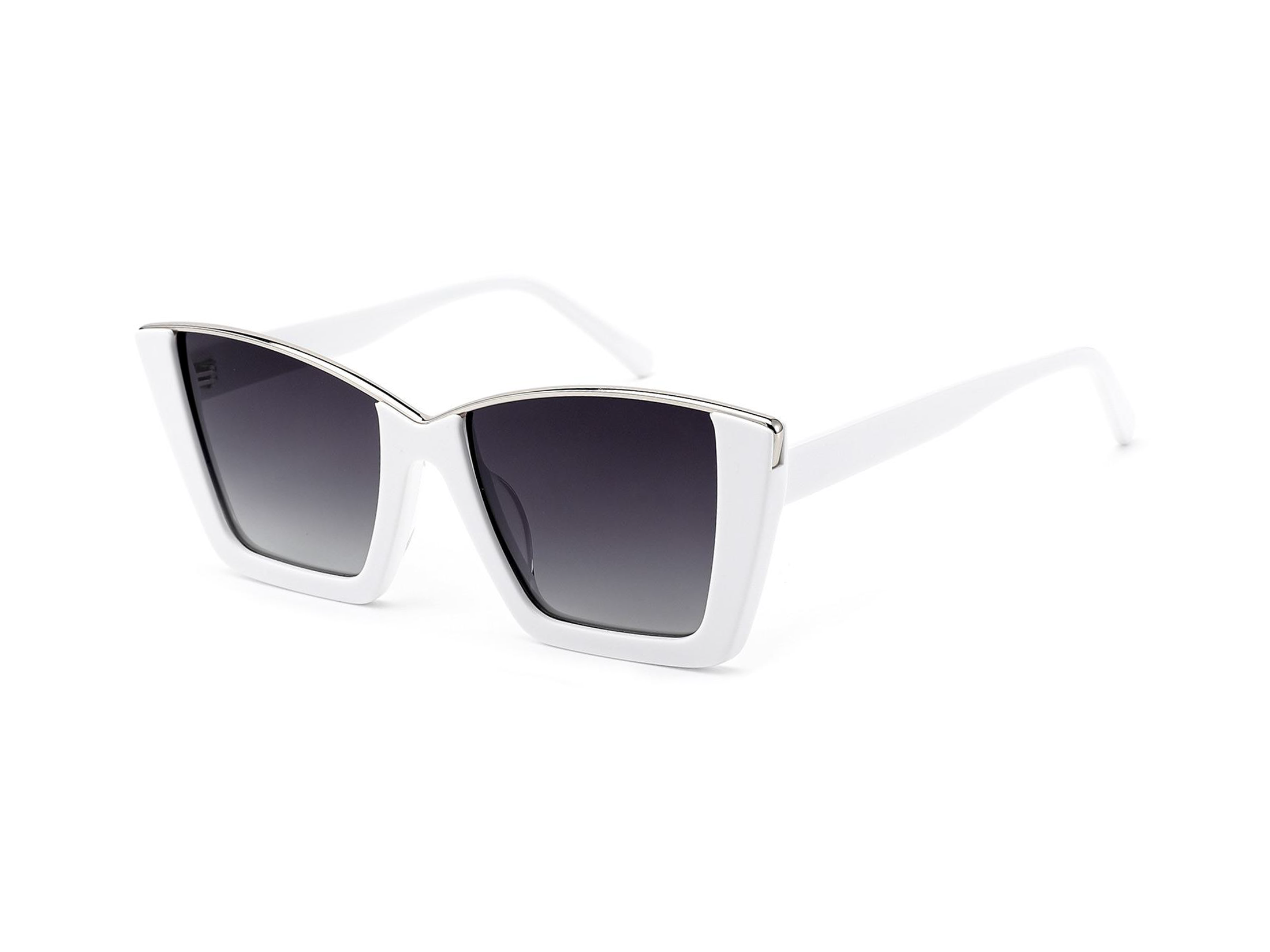 White cat-eye sunglasses with dark gradient lenses on a white background