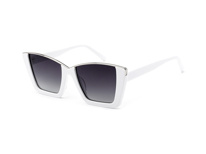 White cat-eye sunglasses with dark gradient lenses on a white background