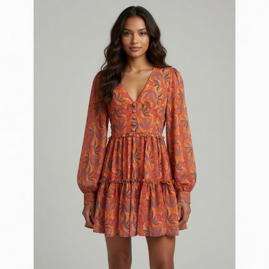 Woman wearing an orange floral dress against a gray background