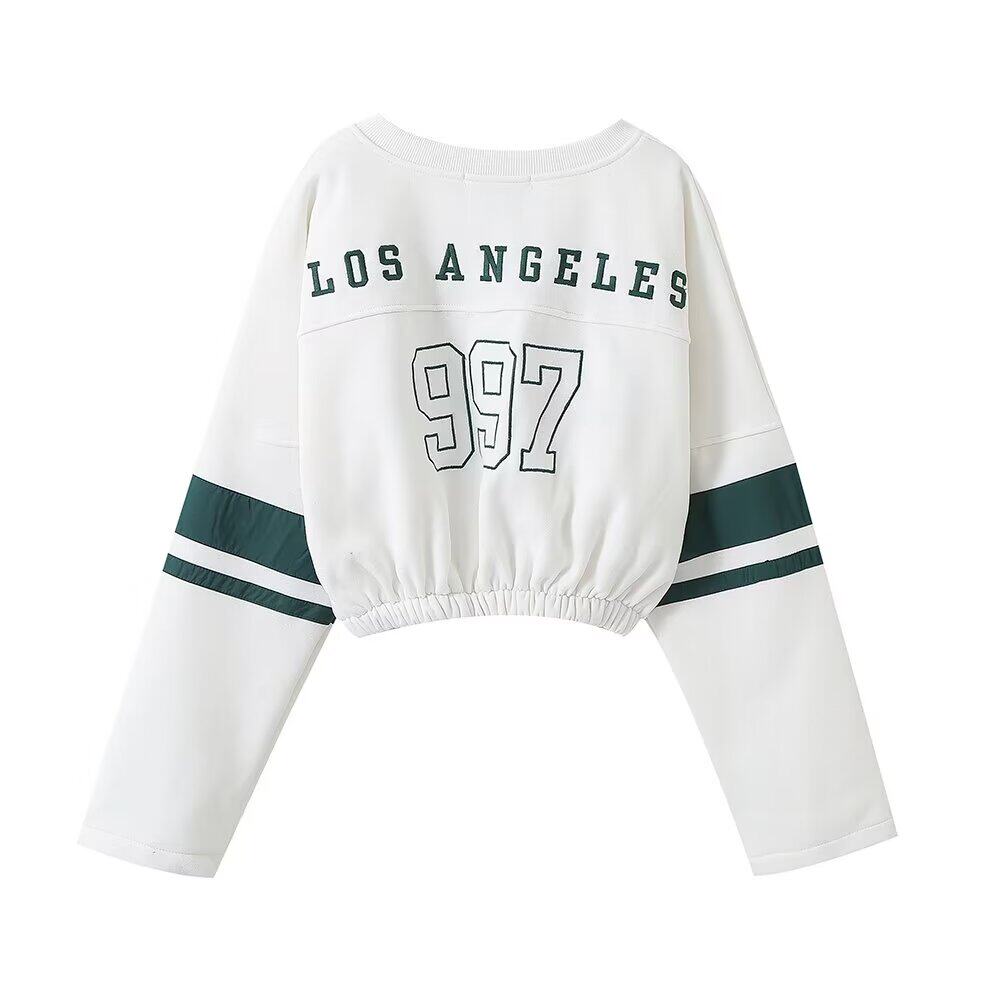 White cropped sweatshirt with 'Los Angeles 997' text on a white background