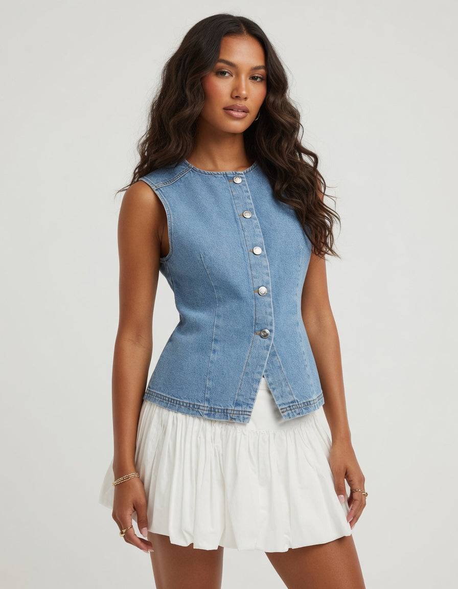 Casual Washed Button Front Sleeveless Denim Shirt