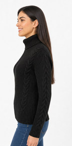 Woman wearing a Black cable knit turtleneck sweater on a white background