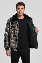 Patterned jacket shown from multiple angles on a gray background
