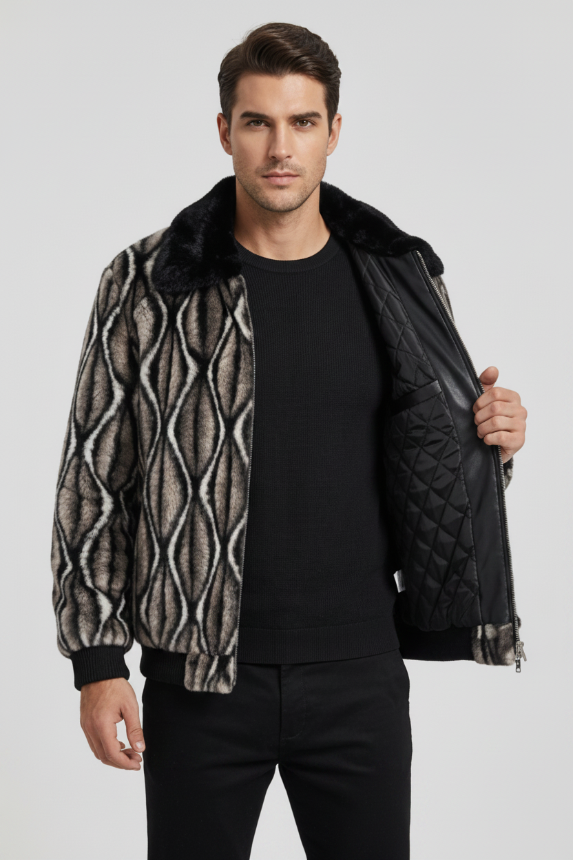 Patterned jacket shown from multiple angles on a gray background