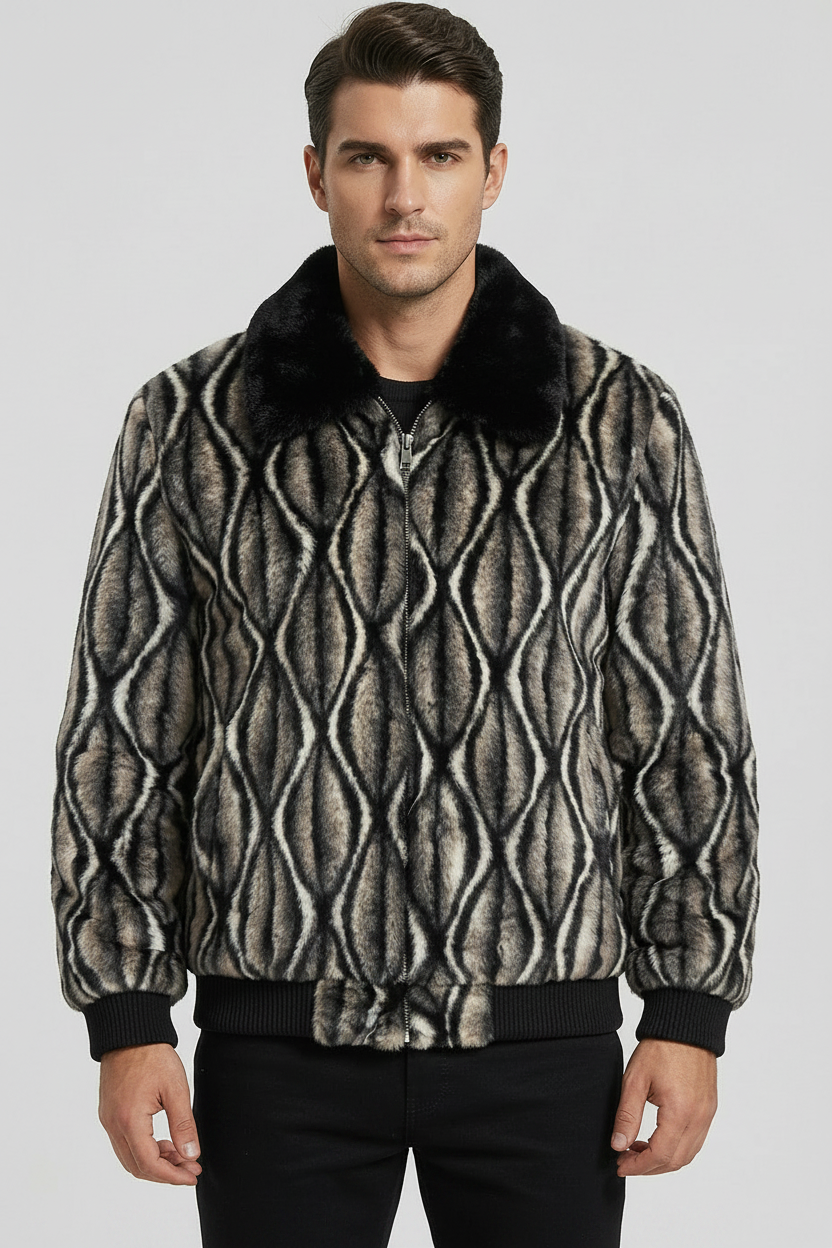 Man wearing a patterned jacket with a fur collar on a light gray background