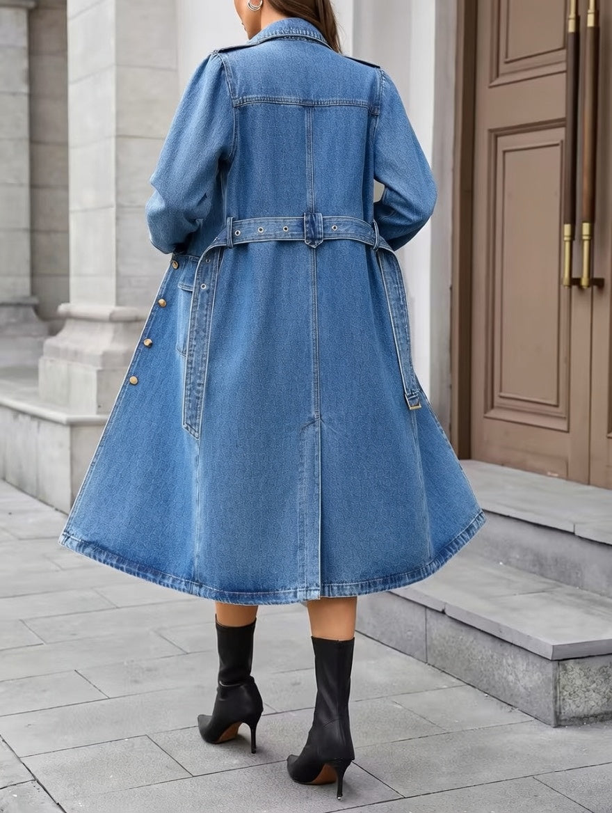 Flap Pocket Belted Denim Coat Dress