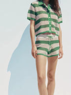 Striped Knit Cardigan Shirt and Knit Shorts Set