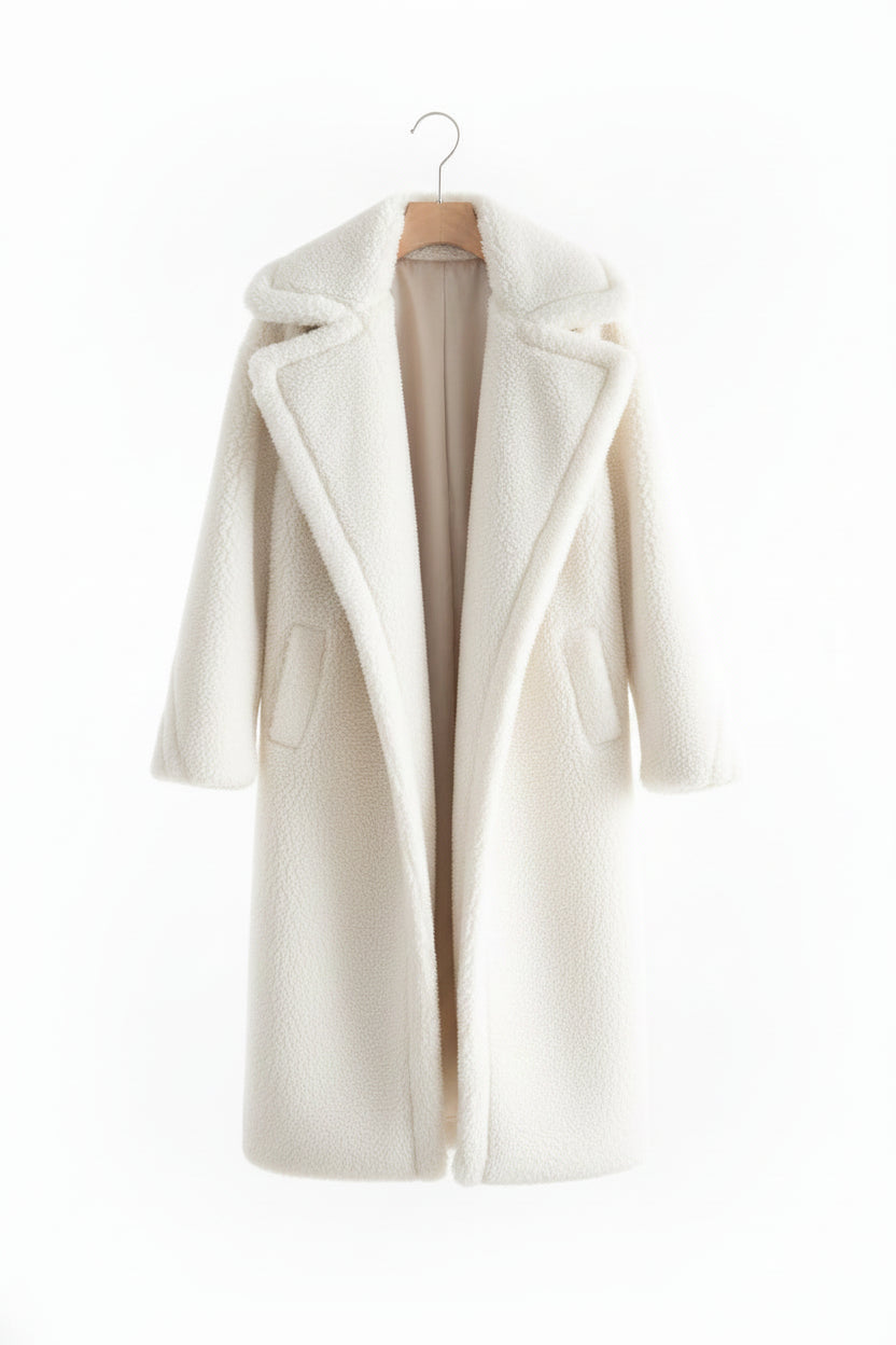 Brown teddy coat on a hanger against a white background