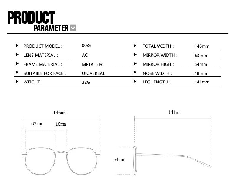 Product parameter sheet for sunglasses with dimensions and specifications.