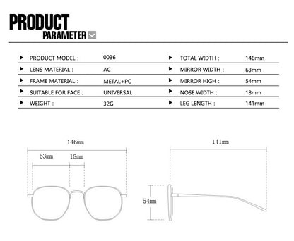 Product parameter sheet for sunglasses with dimensions and specifications.