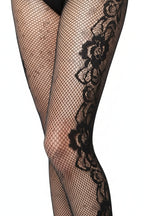 Black fishnet stockings being held up on a white background