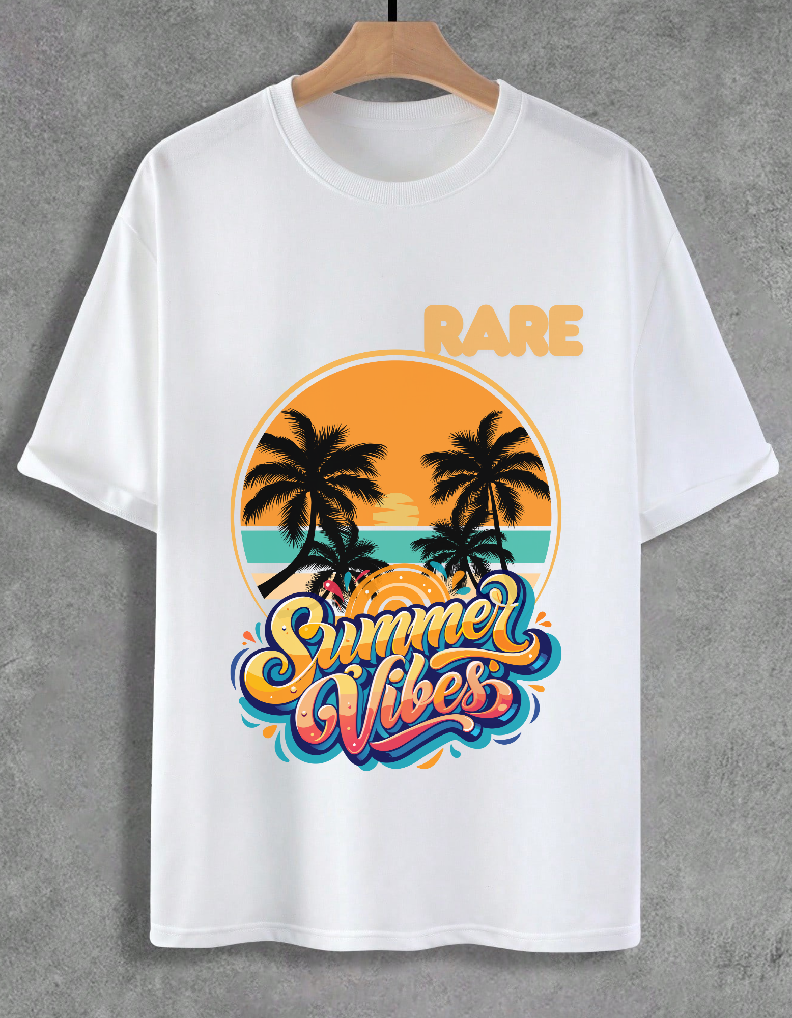 White t-shirt with 'Rare Summer Vibes' graphic design on a gray background