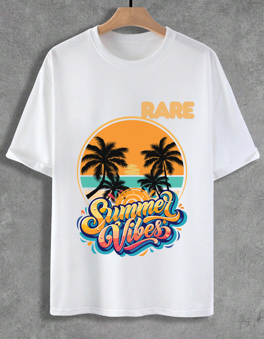 White t-shirt with 'Rare Summer Vibes' graphic design on a gray background
