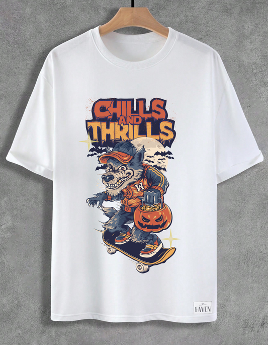 White t-shirt with a graphic design of a werewolf on a skateboard and 'Chills and Thrills' text, hanging on a wooden hanger against a gray background.