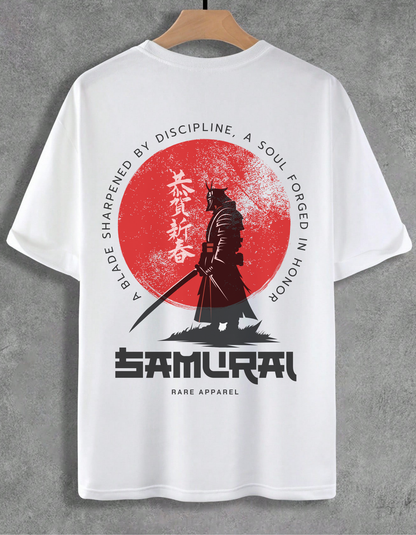 White t-shirt with Samurai design and text on a gray background