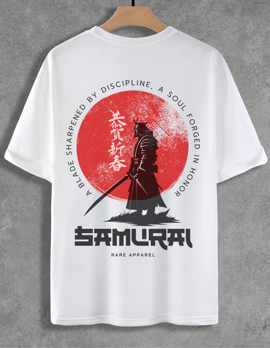 White t-shirt with Samurai design and text on a gray background
