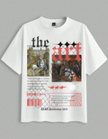 White t-shirt with artistic design and text on a gray background