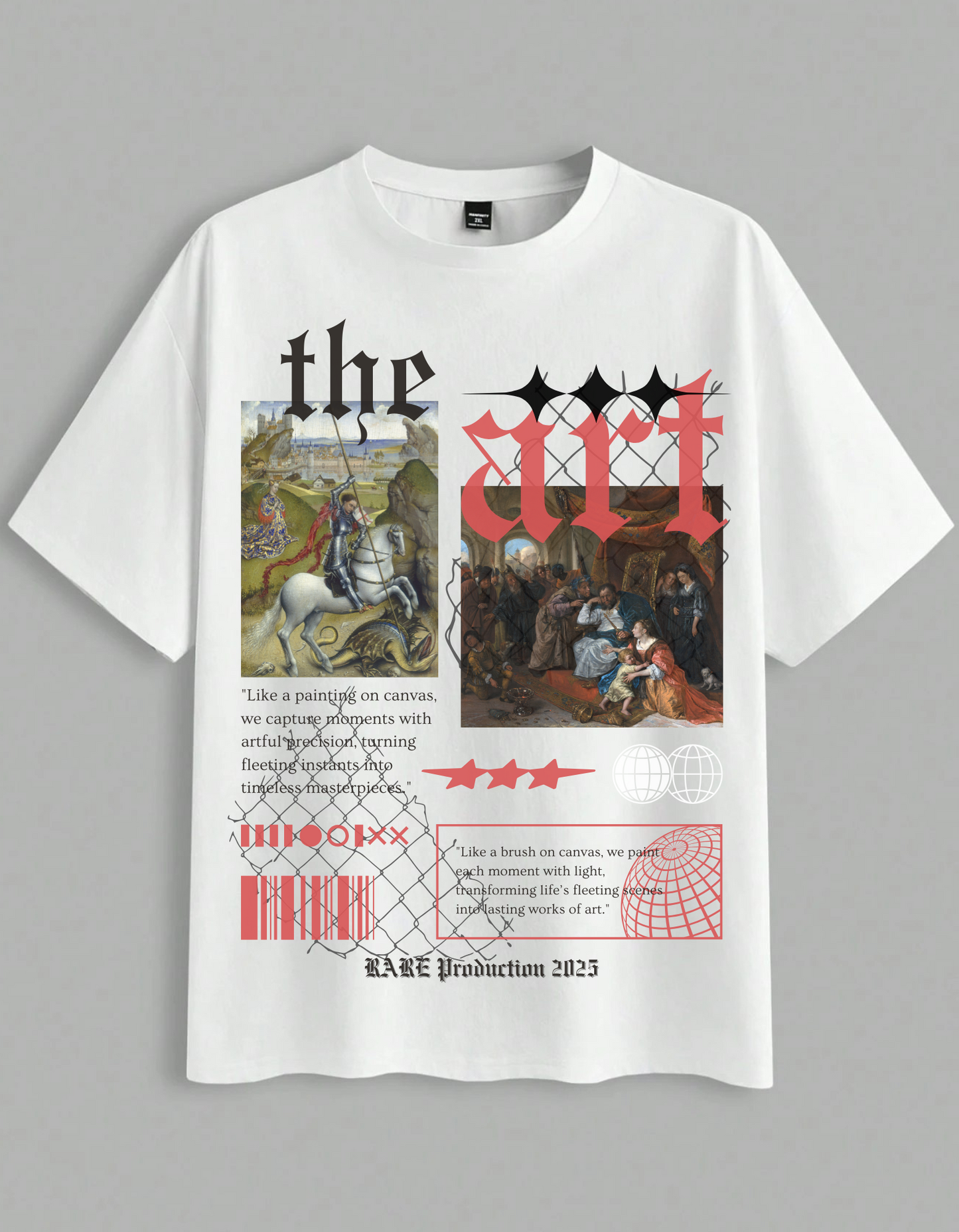 White t-shirt with artistic design and text on a gray background