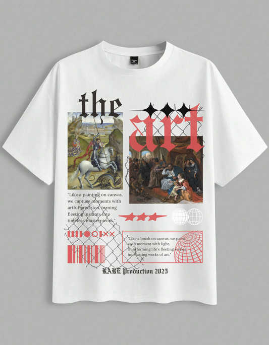 White t-shirt with artistic design and text on a gray background