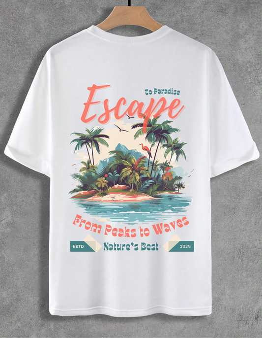 White t-shirt with tropical island graphic and text on a gray background