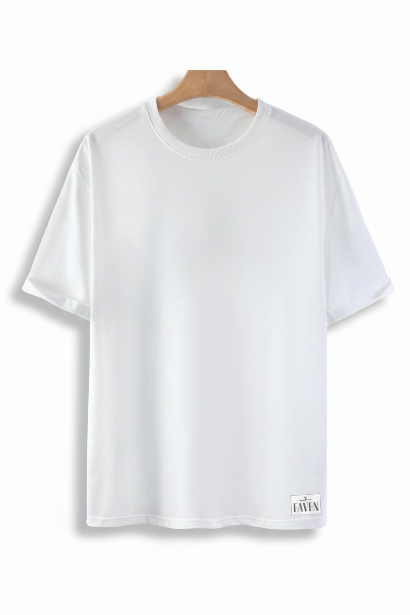 White t-shirt on a wooden hanger against a gray background