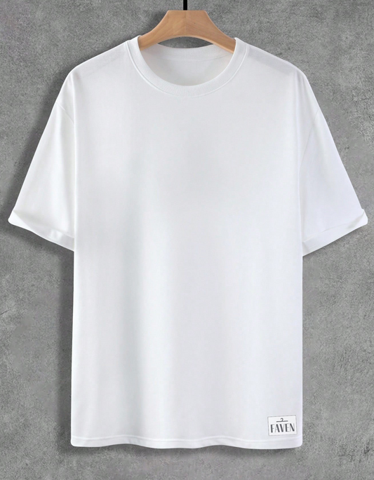 White t-shirt on a wooden hanger against a gray background
